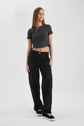 Gabardine Trousers Straight Fit Standard Length High Waist Cargo Pocket