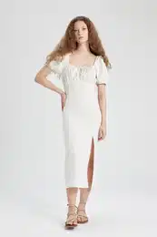 A-Line Gathered Neck Slit White Linen Short Sleeve Midi Dress