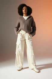 Wide Leg Cargo Pocket High Waist Standard Size Gabardine Trousers