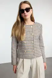 Multicolored Button Detailed Woven Blazer Jacket