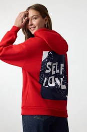Red Back Print Detailed Oversize/Wide Fit Thick Inside Fleece Knitted Sweatshirt