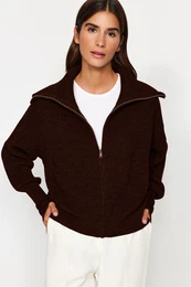 Dark Brown Wide Pattern Turn-down Collar Zippered Knitwear Cardigan