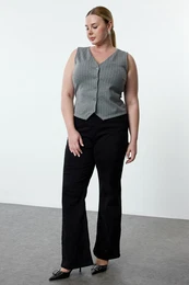 Curve Gray Striped V Neck Knitted Plus Size Vest
