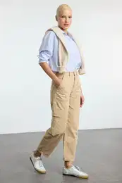 Camel Cargo Pocket High Waist Barrel Baggy Jeans