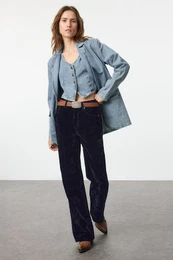 Black Suede Look High Waist Straight Jeans