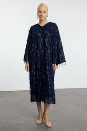 Navy Blue Sequined Woven Evening Dress
