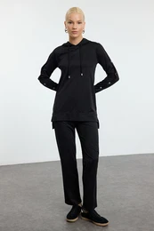 Black Snap Detailed Hooded Knitted Top and Bottom Set