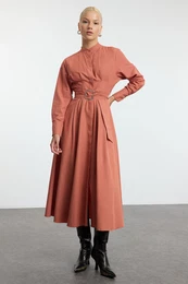 Cinnamon Belt Battery Detailed Button Woven Shirt Dress