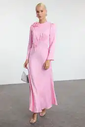 Pink Rose Detailed Special Day Woven Satin Evening Dress