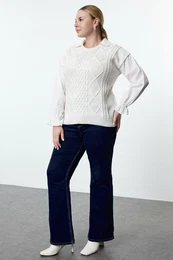 Curve Ecru Hair Braided Sleeves Woven Shirt Collar Knitwear Sweater