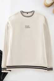 Ecru Regular/Normal Cut Collar Knitwear Band Detailed Text Printed Sweatshirt