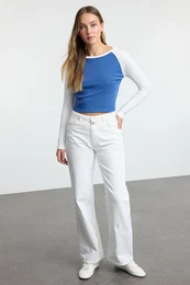 Indigo Raglan Sleeve Rib Fitted Crop Knit T-Shirt