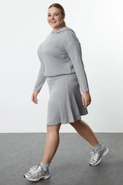 Curve Gray Knitted Sweatshirt-Skirt Plus Size Bottom-Top Set