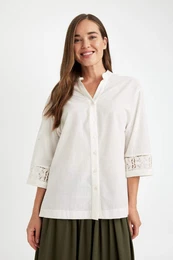 Relax Fit Open Collar Basic Plain Sleeve Lace Half Sleeve Shirt