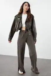 Dark Brown Antique/Faded Effect Wide Leg/Wide Leg Thin Knitted Sweatpants