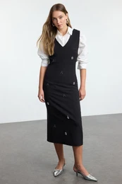 Black A-Line V-Neck Stone Embroidered Midi Vest Woven Dress