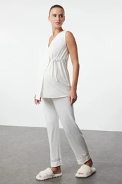 Curve White Double Breasted Tied Sleeveless Knitted Maternity & Postpartum Pajama Set