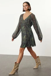 Mint Ethnic Patterned A-Line Collar Tied Mini Lined Chiffon Woven Dress