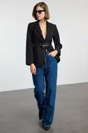 Black Belted Woven Blazer Jacket