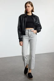 Grey Cut-Out High Waist Straight Jeans