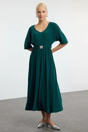 Emerald Green Skater Belted Three Quarter Sleeve Maxi Stretch Knit Dress