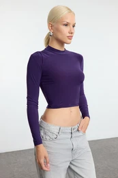Purple Sleeve Gather Detailed Fitted High Collar Crop Stretchy Knitted Blouse