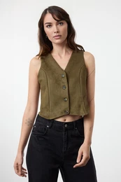 Dark Green Fitted Buttoned Suede Crop Woven Vest