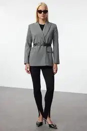 Gray Belted Woven Blazer Jacket