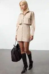 Camel A-Line Pocket Detailed Mini Woven Dress