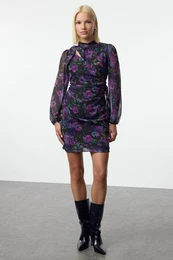 Purple Floral Fitted/Fits Body Standing Neck Mini Lined Chiffon Woven Winter Dress