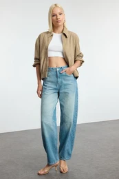 Blue Stitch Detailed High Waist Barrel Baggy Jeans