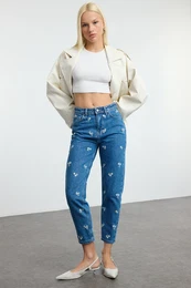 Blue Floral Embroidered High Waist Mom Jeans