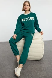 Dark Green Slogan Printed Regular/Normal Pattern Elastic Leg Knitted Tracksuit
