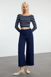 Navy Blue Culotte Pattern Woven Trousers
