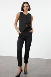 Black*001 Stitching Detailed Striped High Waist Carrot Fit Knitted Trousers