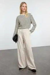 Stone Pleated High Waist Wide Leg Trousers