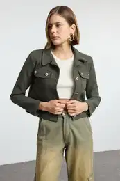 Light Khaki Crop Woven Blazer Jacket