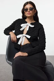 Black Crop Soft Texture Ribbon Detailed Knitwear Cardigan