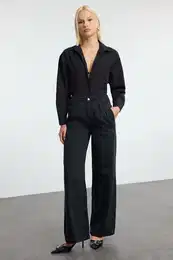 Black Stitch Detailed High Waist Wide Leg Jeans