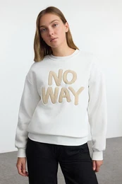 Ecru Slogan Embroidered Regular/Normal Fit Crew Neck Thick Knitted Sweatshirt