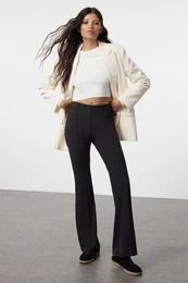 Black Ribbed Detail High Waist Flare Soft Touch Trousers