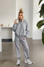 Gray Melange Thick Fleece Hooded Oversize/Comfortable Cut Knitted Tracksuit Set