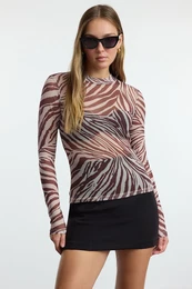 Dark Brown Zebra Patterned Fitted/Body-Sit Stand-Up Collar Tulle Flexible Knitted Blouse