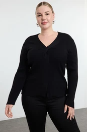 Curve Black Front Knot Detailed V Neck Knitwear Sweater