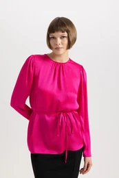 Fitted Round Neck Long Sleeve Chiffon Blouse