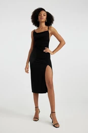 Scoop Neck Slit Strap Black Midi Dress