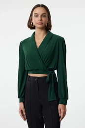 Emerald Green Double Breasted Crop Elastic Knit Blouse