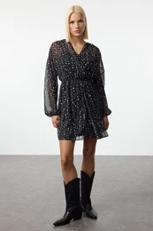 Black Polka Dot Patterned A-Line Double Breasted Neck Mini Lined Chiffon Woven Dress