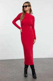 Red Stand Collar Fitted/Fits Body Maxi Stretch Knit Dress