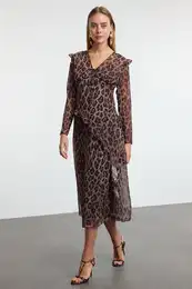 Multicolored Leopard Print Lined Chiffon Woven Midi Dress